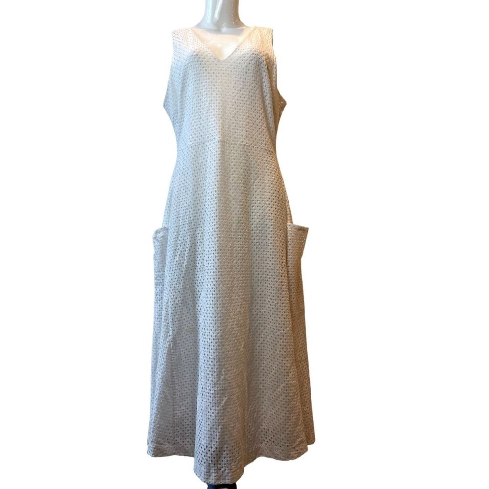 Banana Republic Women Eyelet Maxi Dress with pockets Back Zip V Neck White SZ 14